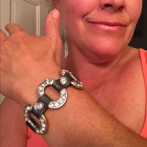 Silver leather rhinestone bracelet